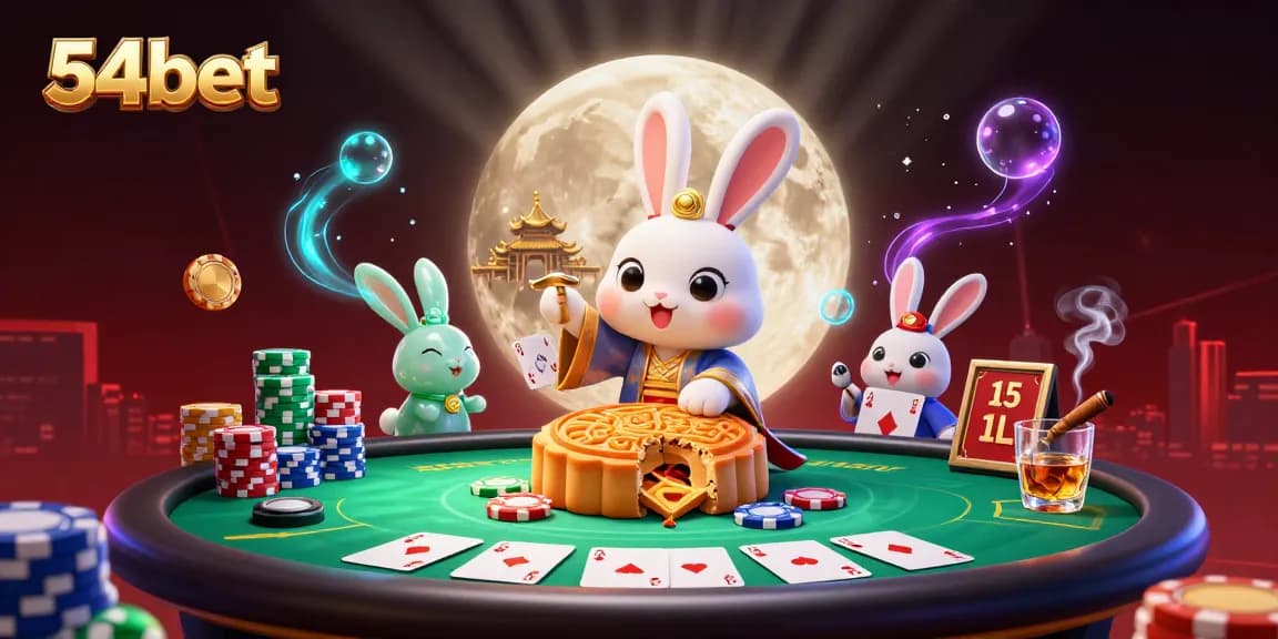 54bet showcases a dynamic moon rabbit scene with poker chips and gaming elements creating an engaging casino atmosphere.