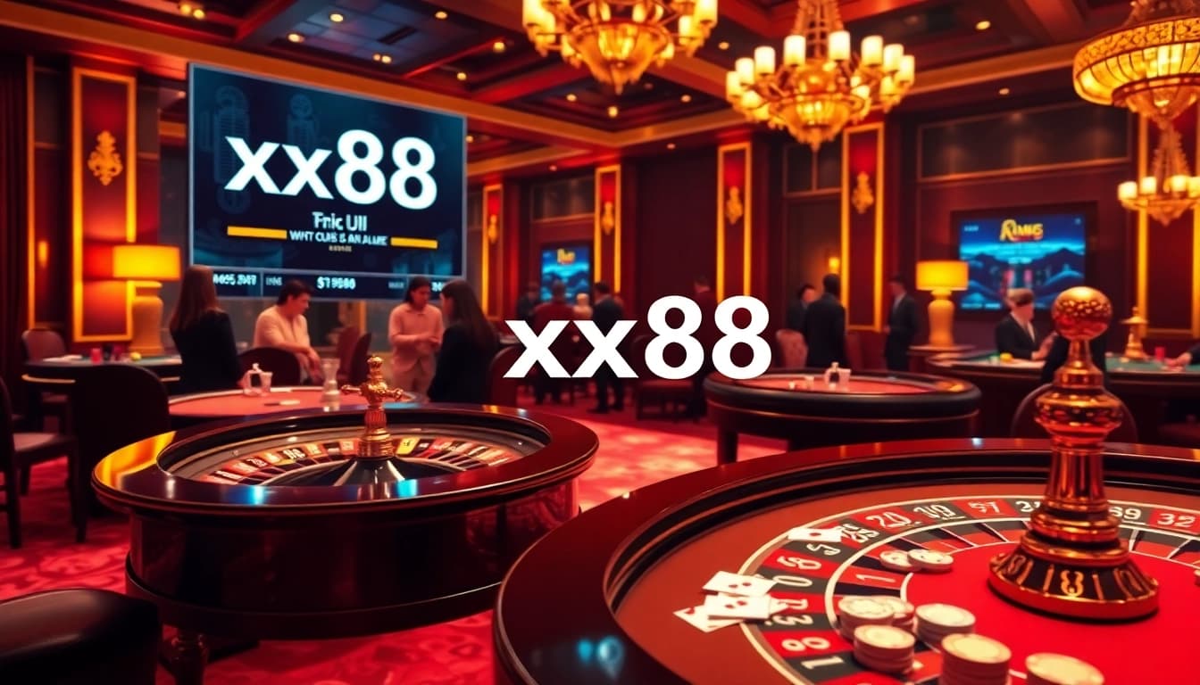 Experience the thrill of xx88 at a luxurious casino gaming table with cards and roulette.