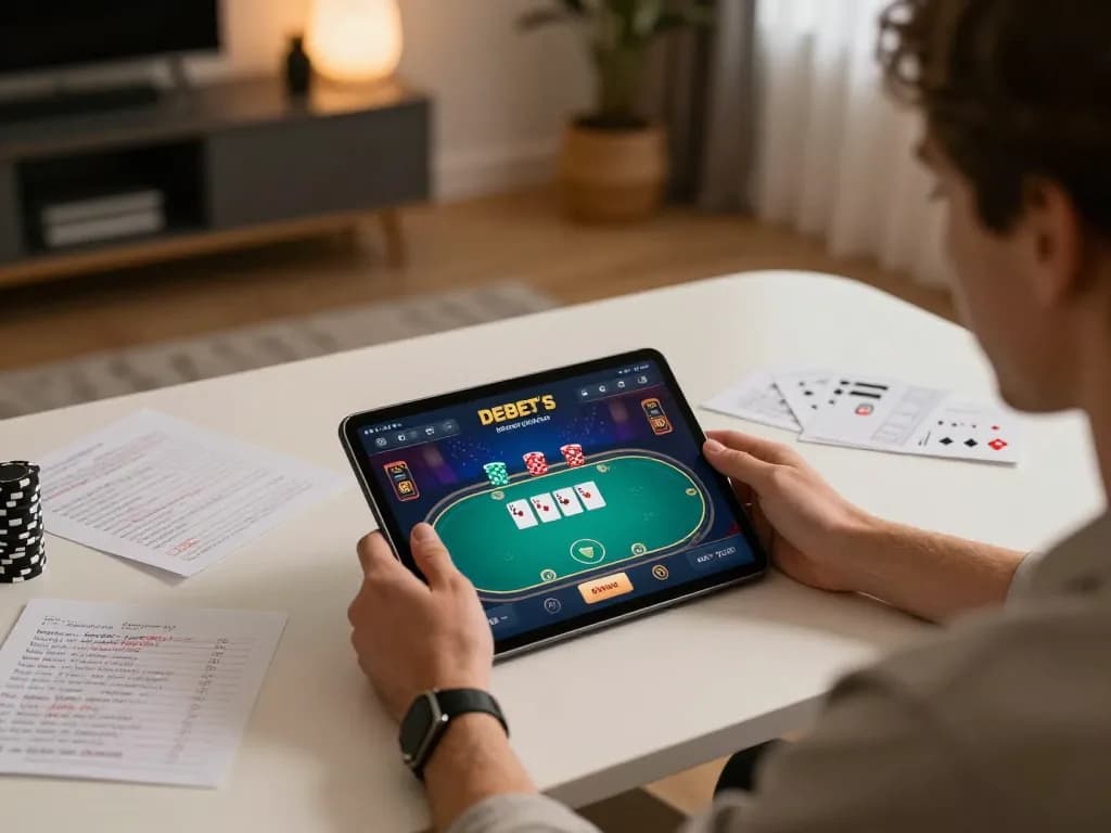 Person engaged in online poker gameplay featuring DEBET interface, showcasing strategic betting environment.