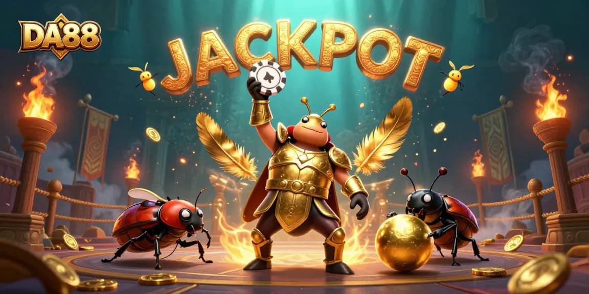 Engage with DA88 as a victorious beetle showcases poker skills in a vibrant casino setting.