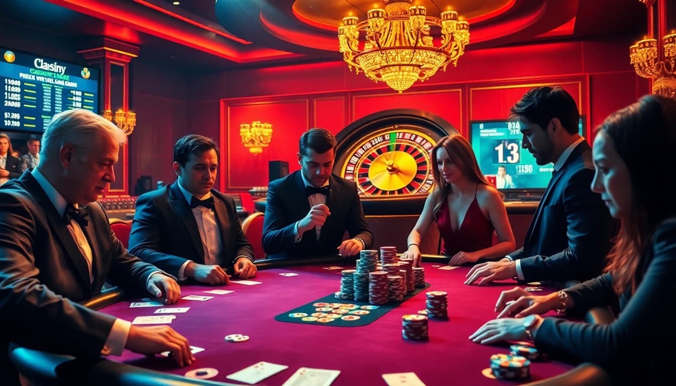 Daga casino scene with gamblers engaging at a poker table surrounded by chips and a roulette wheel.