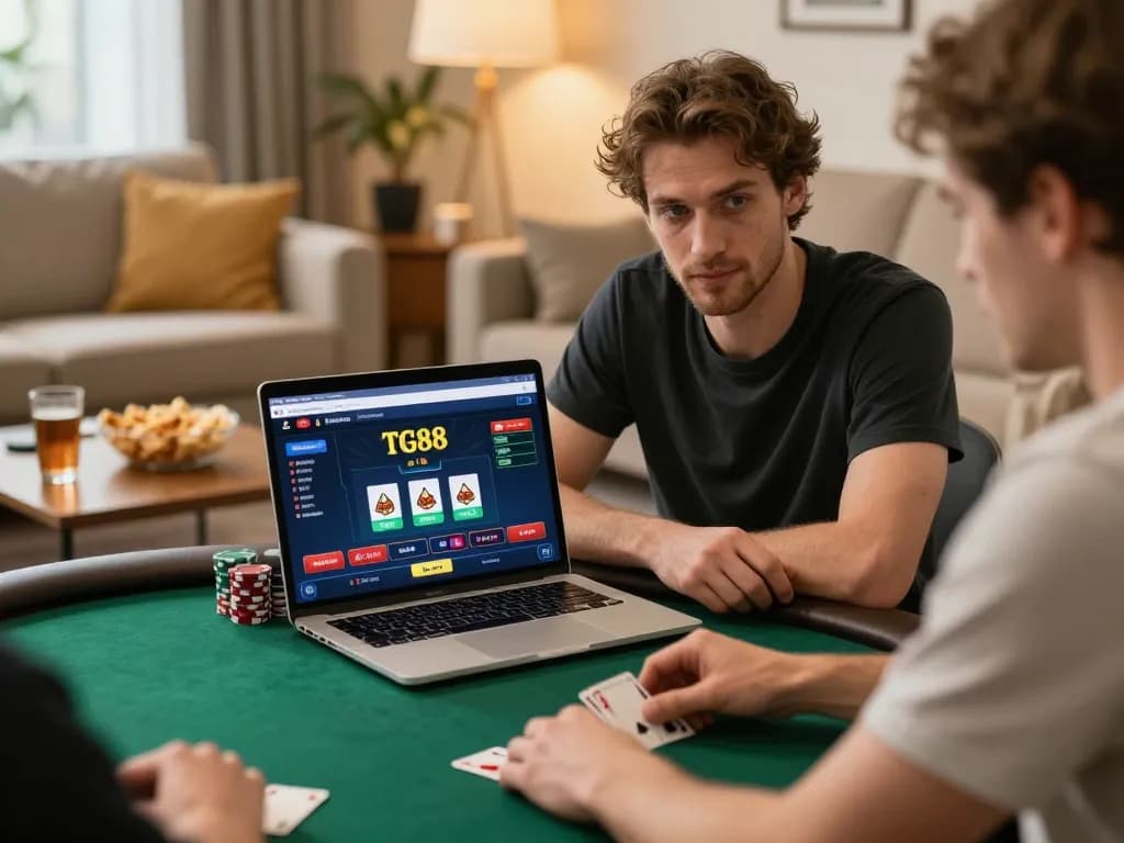 Player engaging with TG88 casino poker game on laptop in a cozy home setting