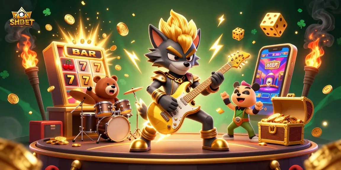 Experience SHBET's exciting gaming action with vivid slot machine and rock star characters on stage.