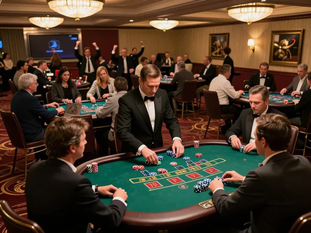 Players enjoying a strategic blackjack game at a vibrant casino with TT88 betting excitement.