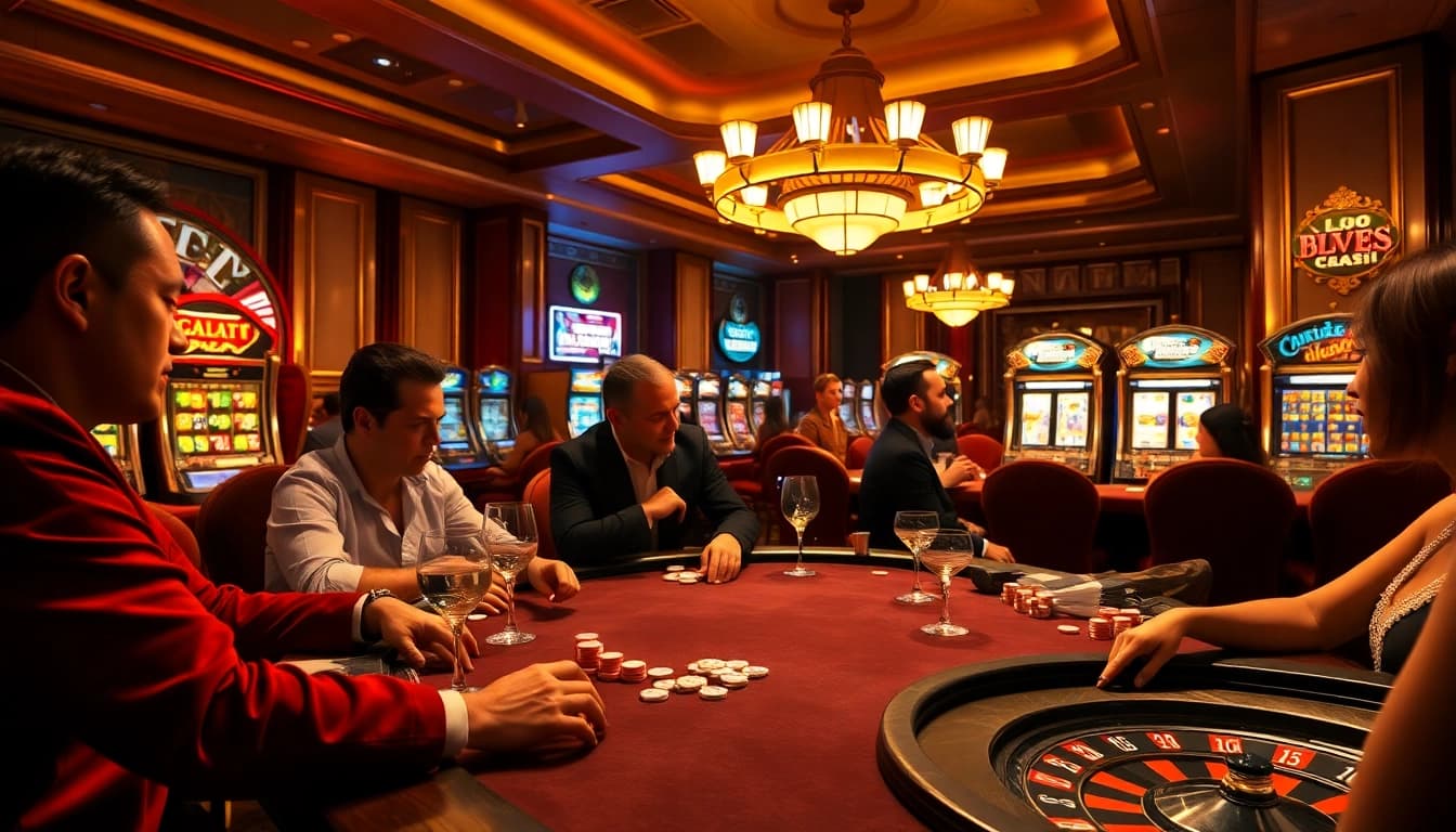 Lô Đề Trực Tuyến players enjoying a high-stakes poker game in an elegant casino atmosphere.