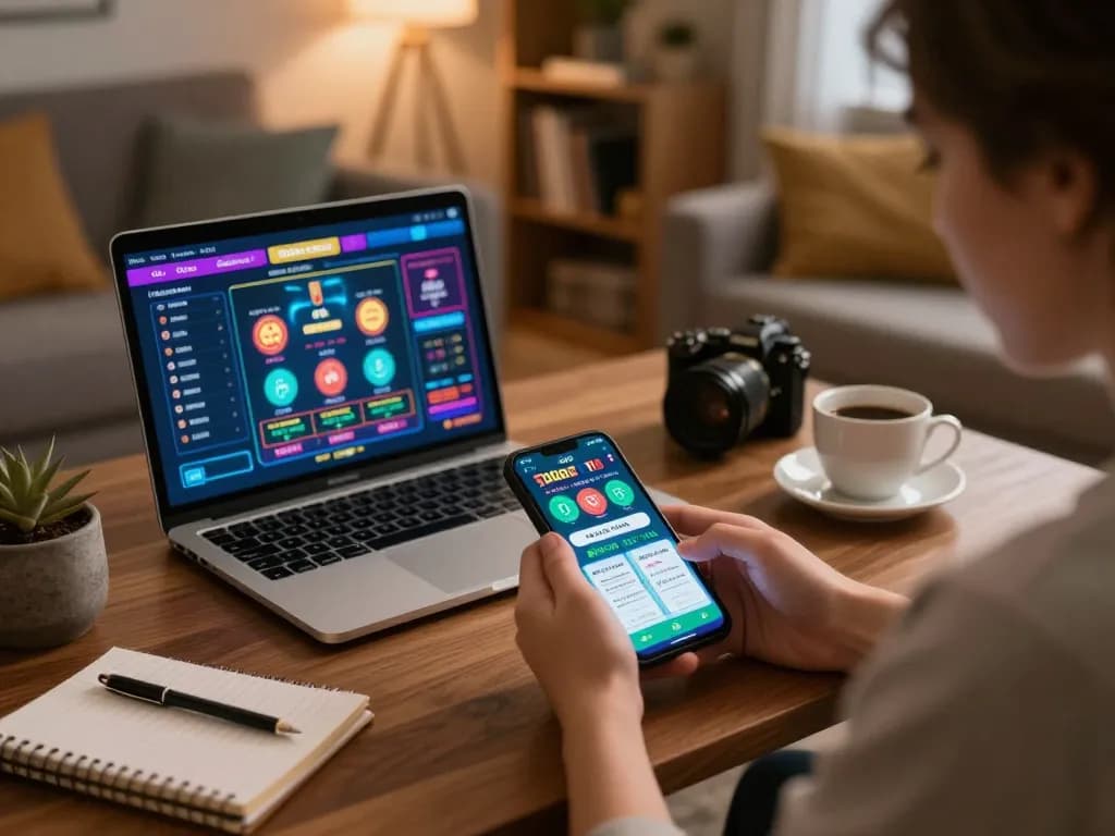 Engaging with the debet betting app on a smartphone, showcasing online casino gaming setup in a cozy living room.