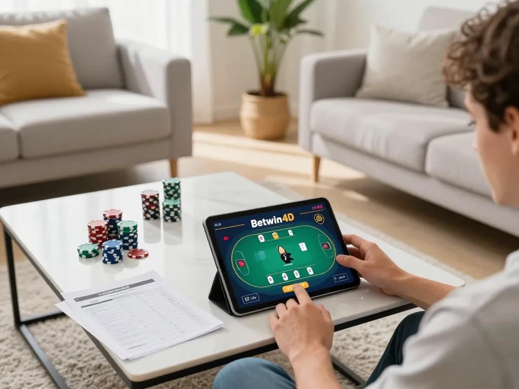 Engaging in Betwin4d online poker from a stylish home gaming setup, showcasing strategic play.