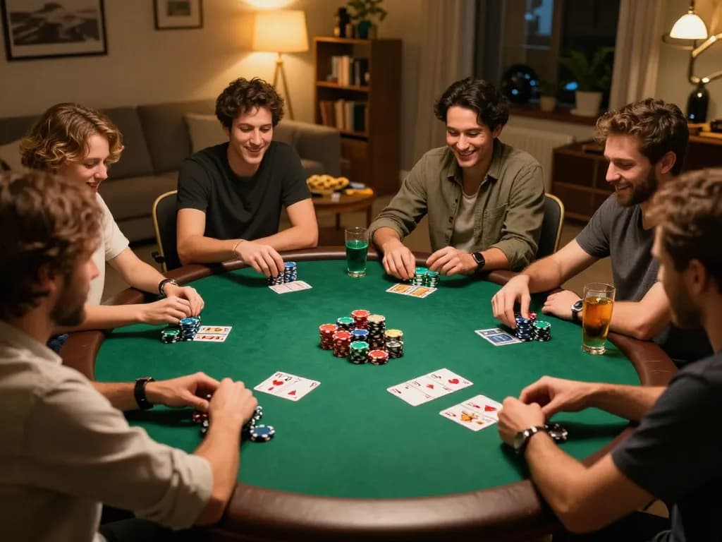 B52CLUB poker game with friends around a round table, chips stacked, drinks present, enjoying a fun night