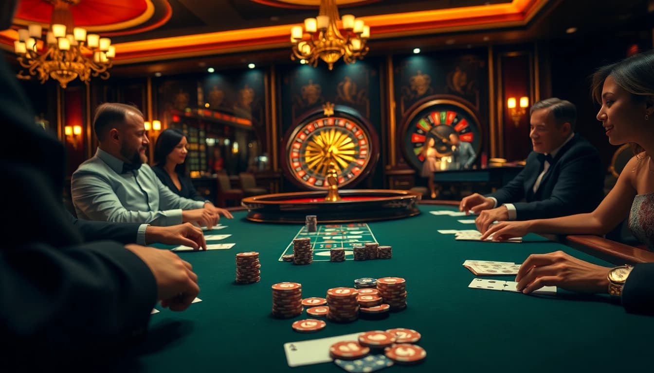 Players strategizing at a luxurious casino table featuring elements from https://mn88.ltd/
