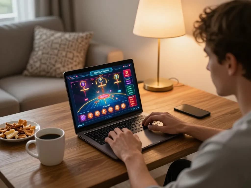 Player engaging in thrilling online vsbet casino games from a cozy home setting with vibrant displays