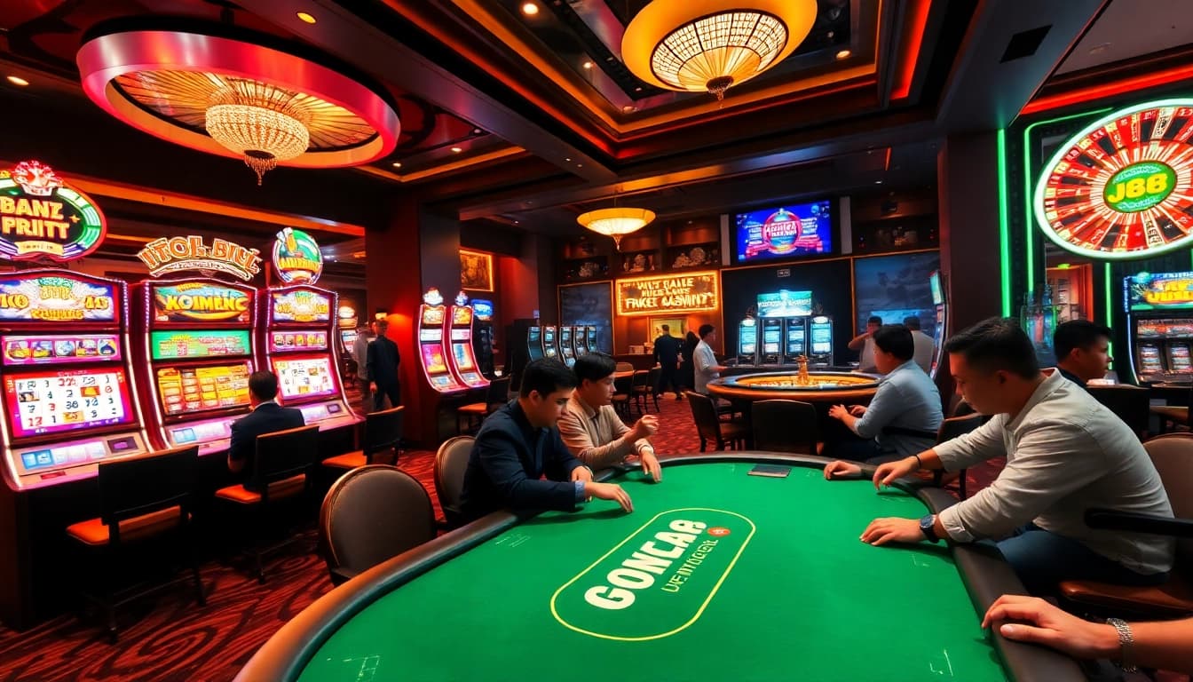 Players enjoying a high-stakes poker game at J88 casino, surrounded by vibrant slot machines.