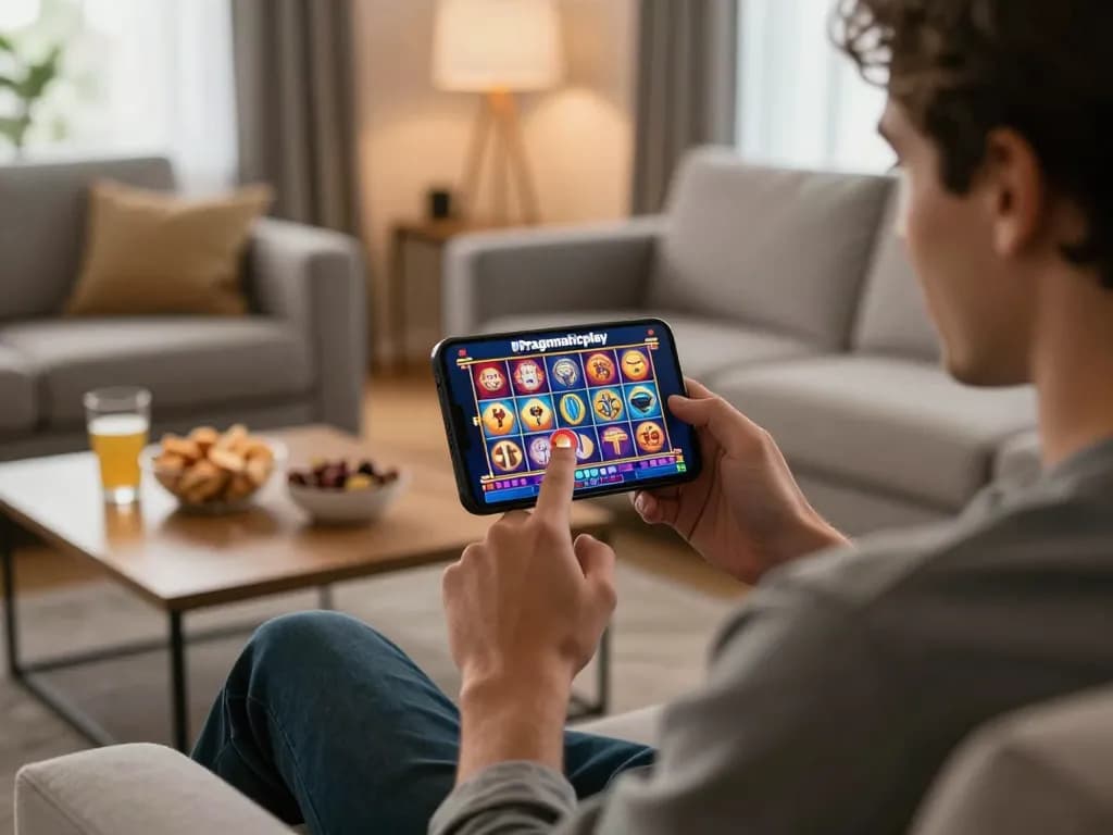 Player enjoying Pragmaticplay slots on smartphone in cozy living room with warm lighting