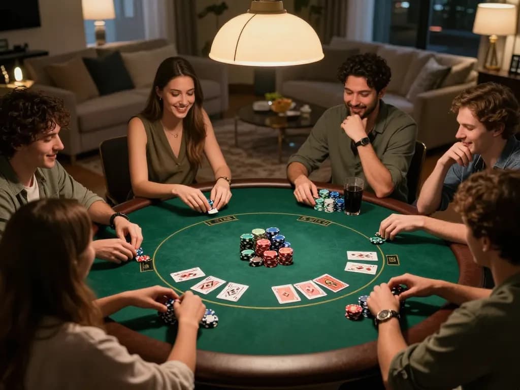 Players enjoying a friendly home poker game with strategy notes and vibrant chips on the table, showcasing an iwin night