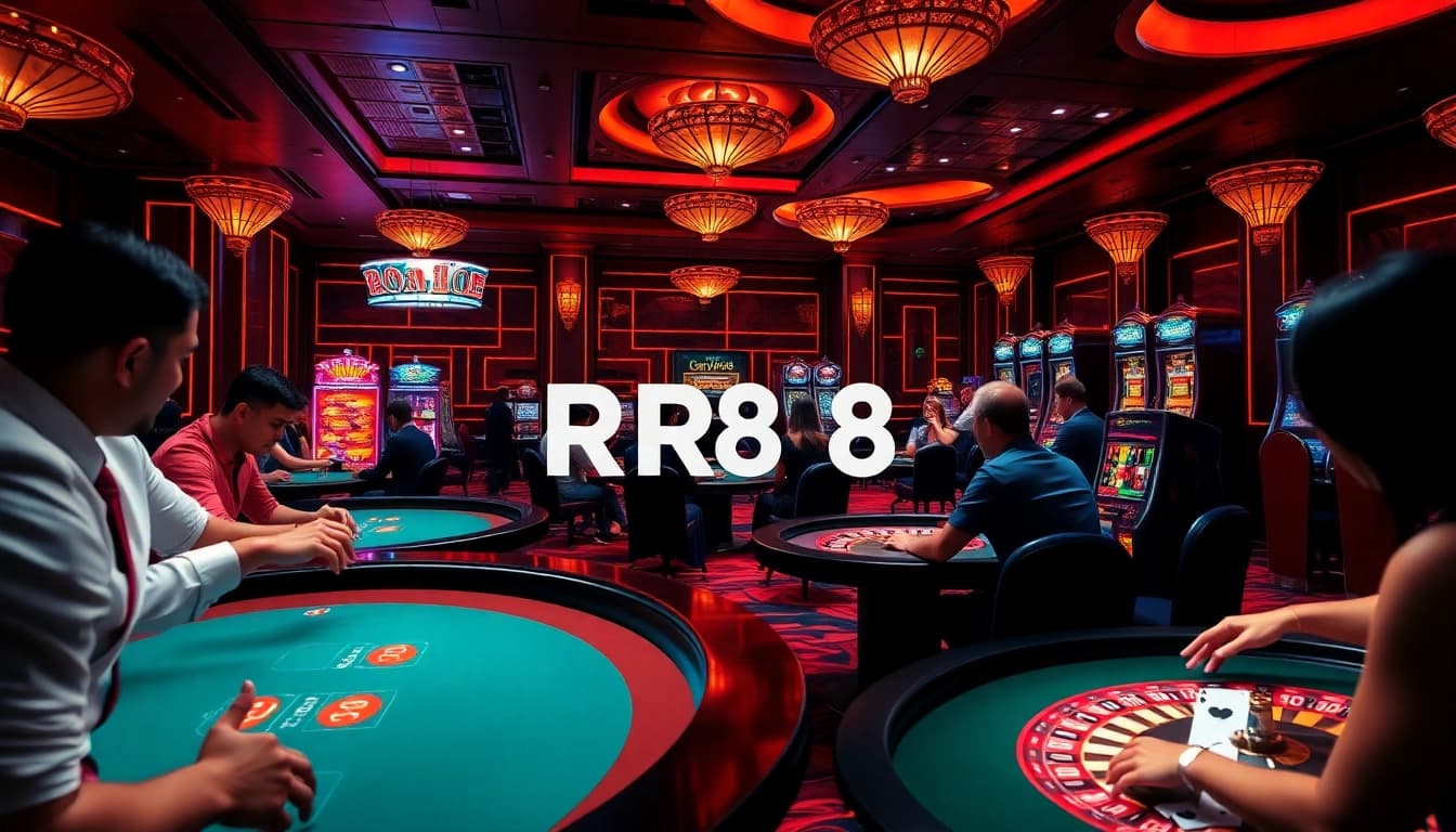 Players enjoying thrilling games at RR88 online casino, surrounded by poker tables and slot machines.