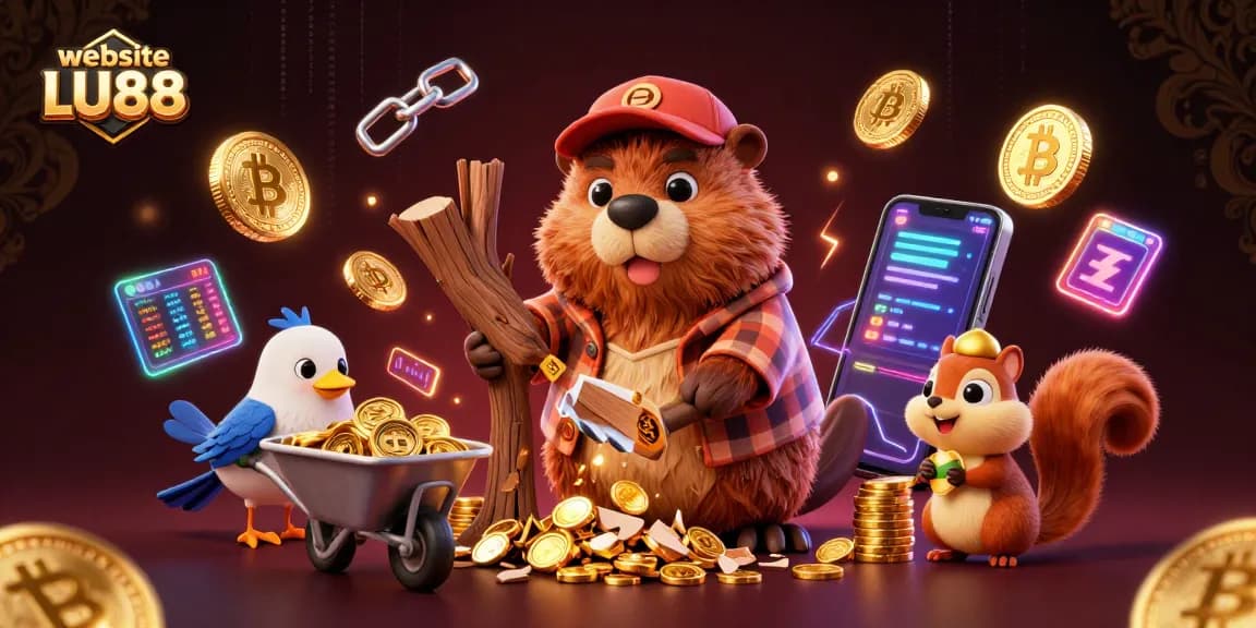 Spin the reels and win riches at website LU88 with vibrant 3D casino-themed illustration.