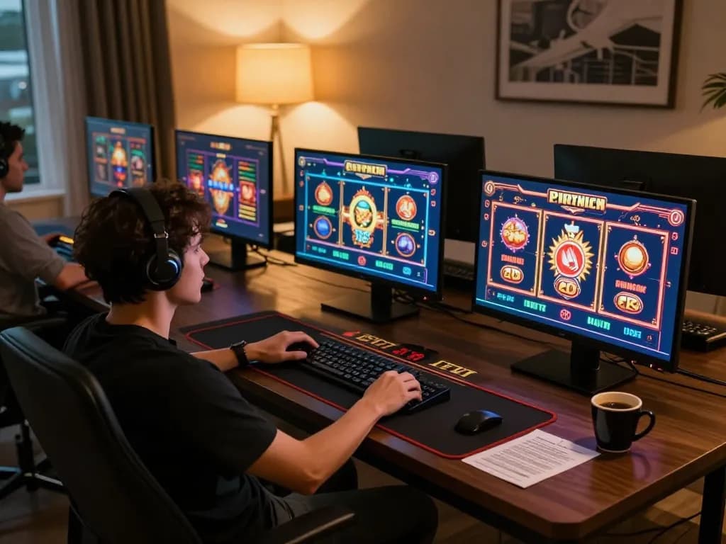 Nohu90 player engages with vibrant online casino games on multiple screens.
