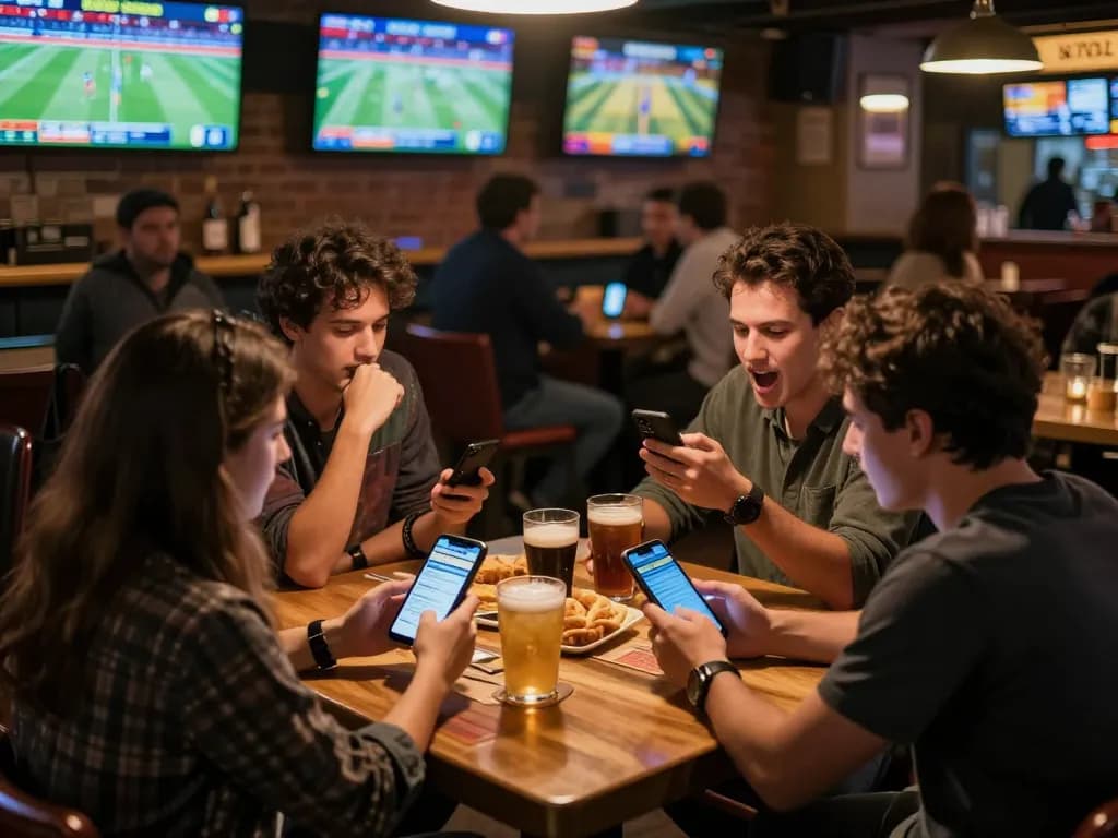 Patrons engaging in sports betting at a lively bar, showcasing ALO8's exciting wagering experience.