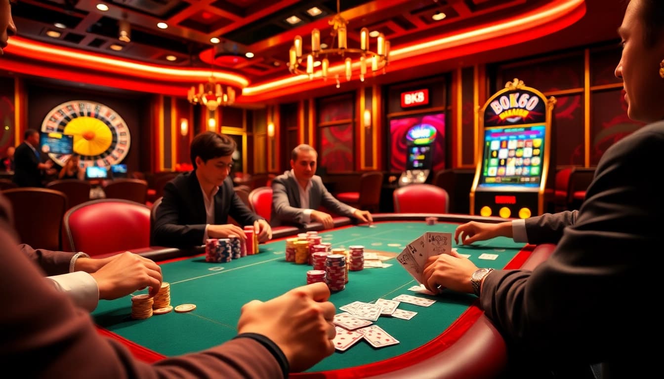 Experience the thrill of BK8 with players enjoying poker, roulette, and jackpot slots in a vibrant casino scene.