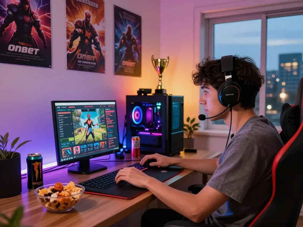 Engaging scene of a young adult enjoying Onbet gaming in a vibrant home setup.