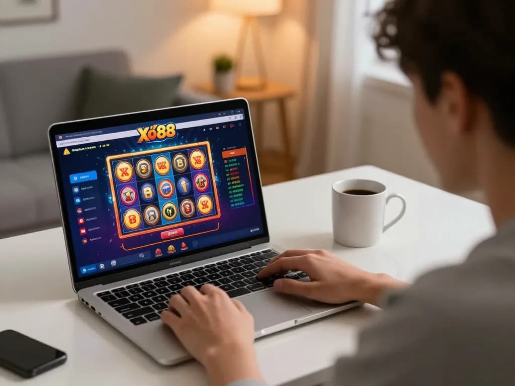 Xo88 player engaging in online casino gameplay while enjoying a coffee in cozy home setting.