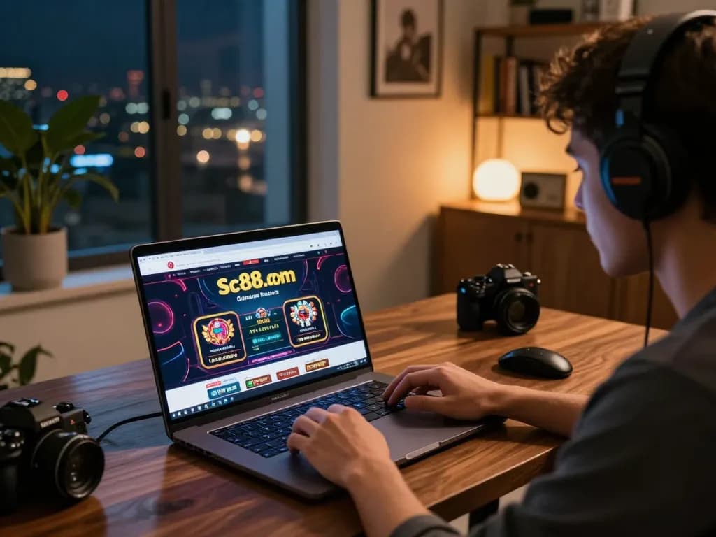 Experience exciting gameplay on sc88.com with a stylish home gaming setup, laptop open and focused.