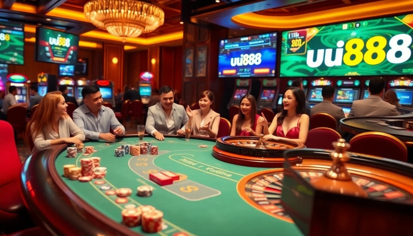 Players enjoying various games in an upscale casino ambiance, integrated with uu88 online interface.