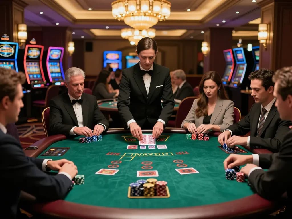 Engaged players at a high-stakes blackjack game at https://www.c168marketing.com/, focusing on strategic decision-making with stacks of chips.