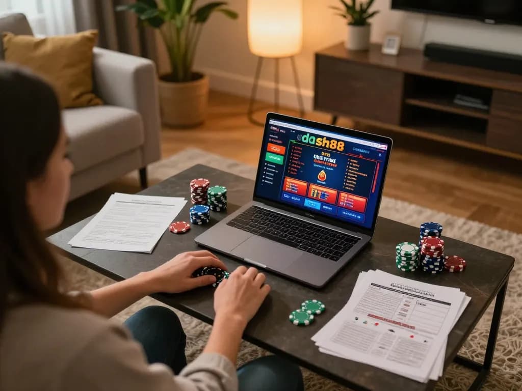Engaging online gaming session at home with dash88 casino interface visible, capturing the excitement of modern gambling.