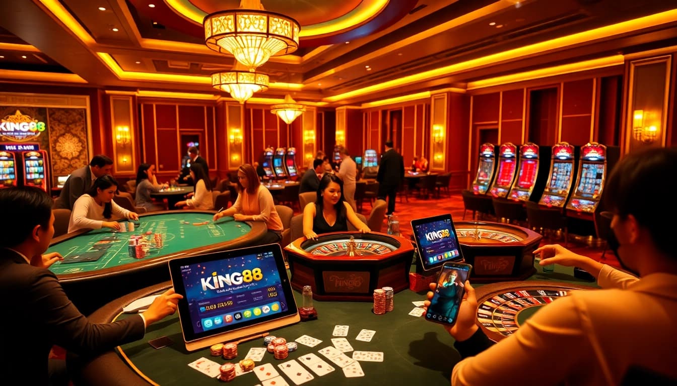 Experience luxury gaming with King88 in an exciting casino environment featuring poker and slots.