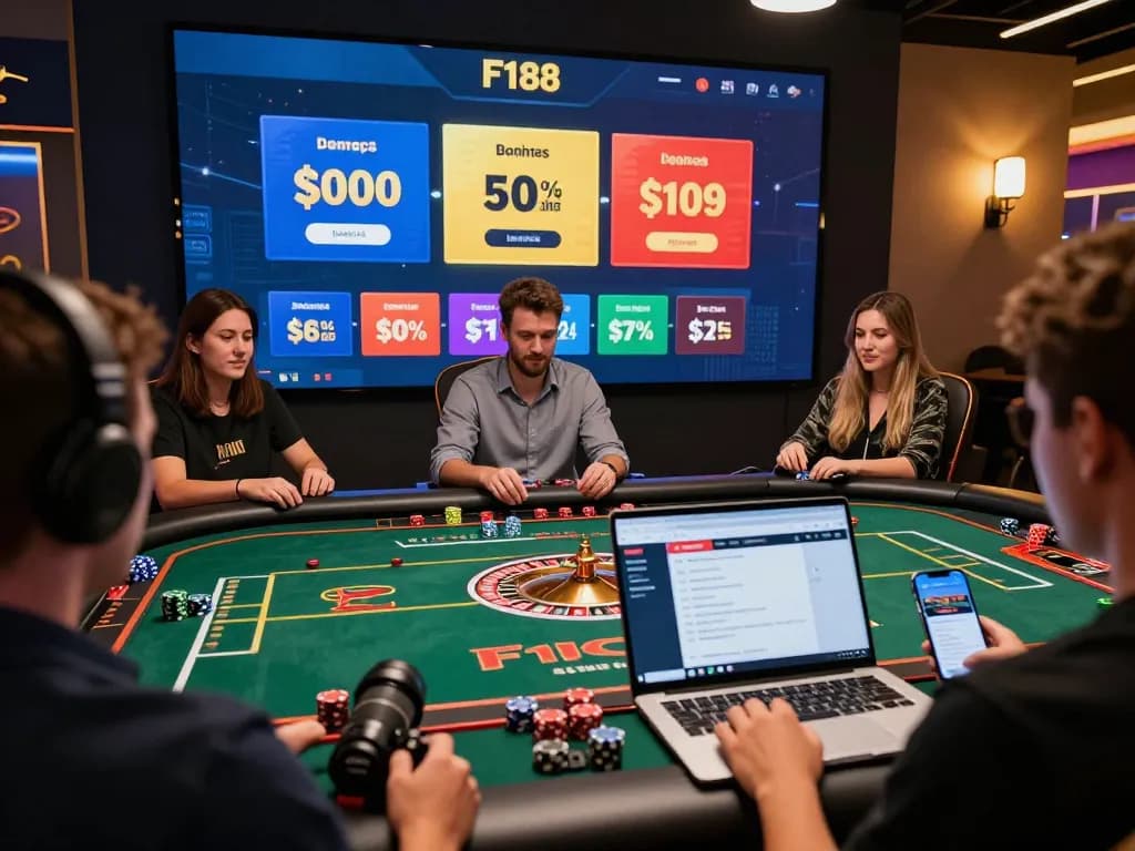 F168 players placing bets on luminous roulette table showcasing online gaming excitement.