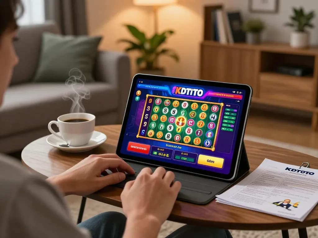 KDTOTO player enjoying an exciting Toto Slot game on a tablet in a cozy home setting, showcasing strategic gameplay.