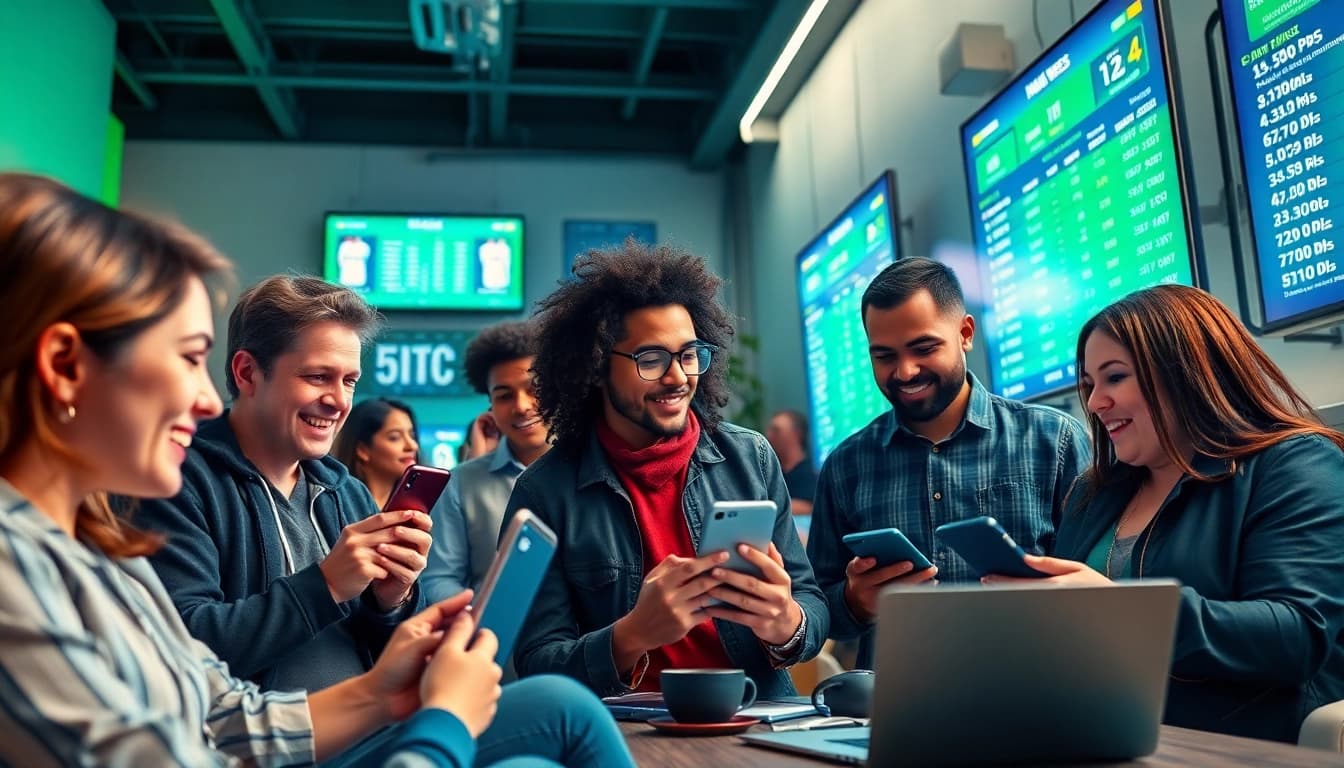 Football betting scene analyzing keonhacai odds with enthusiastic fans in a lively environment.