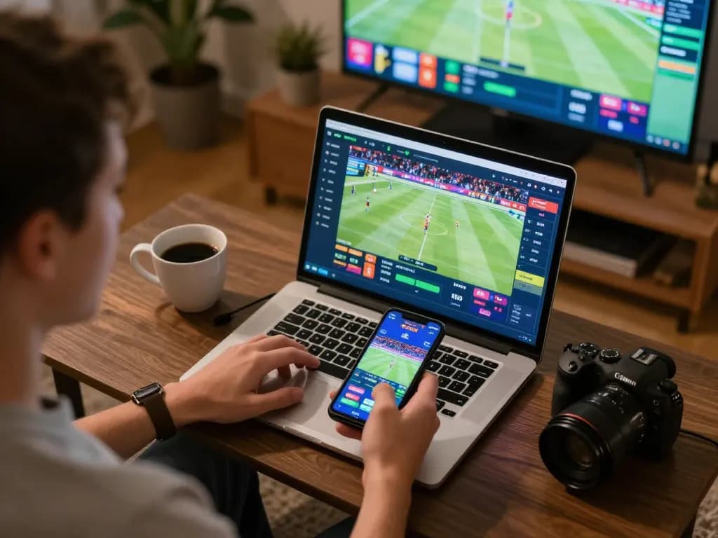 Engaging sports betting scene showcasing a user placing wagers on the 9bet app from a cozy home environment