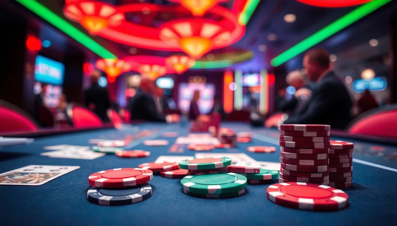 Experience the thrill of AT99娛樂城 with vibrant casino gaming elements like chips and cards.