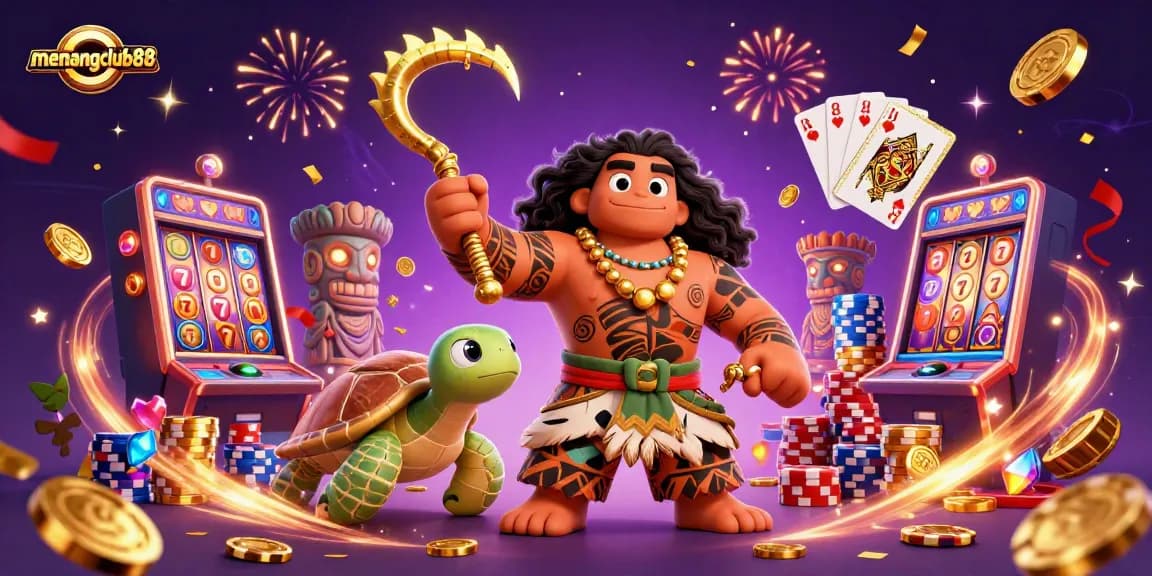Engage with menangclub88 in this vibrant, dynamic casino illustration showcasing slots, poker, and treasures.