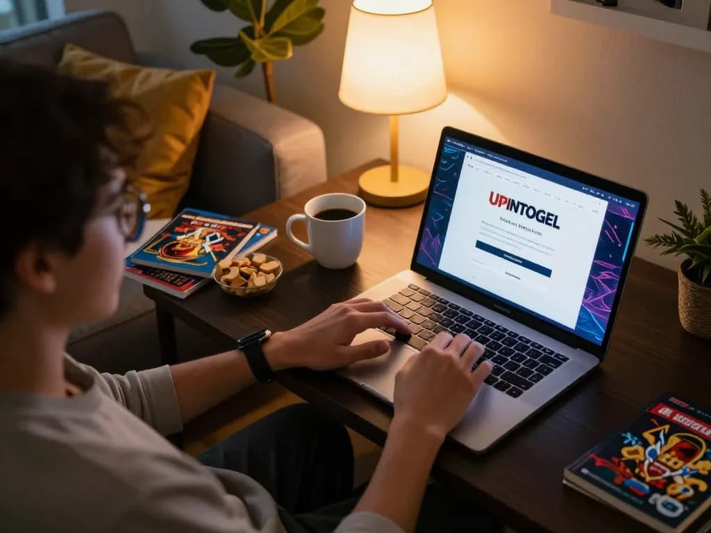 Engaging in UPINTOGEL login on a laptop while relaxing at home for an online casino experience