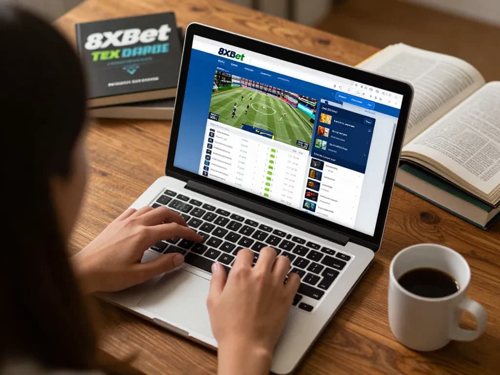 Bet on sports using 8xbet's interface in a cozy home office environment, emphasizing strategic engagement.