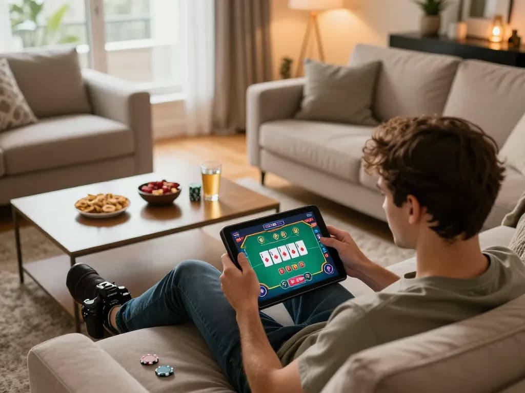 Player enjoying exciting online casino games on O8 tablet, surrounded by cozy home atmosphere.