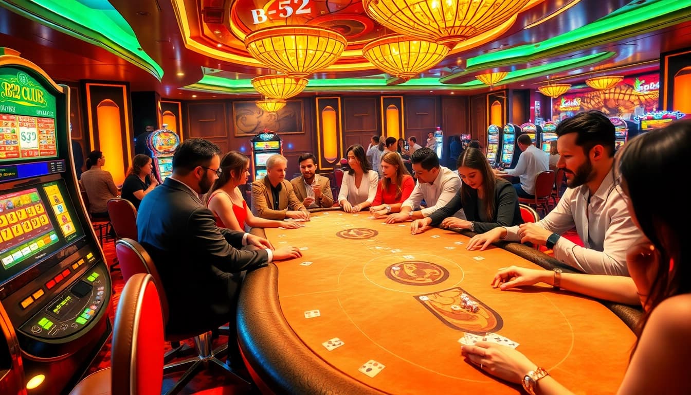 B52 CLUB players enjoying a dynamic poker game with vibrant chips and luxurious casino ambiance.