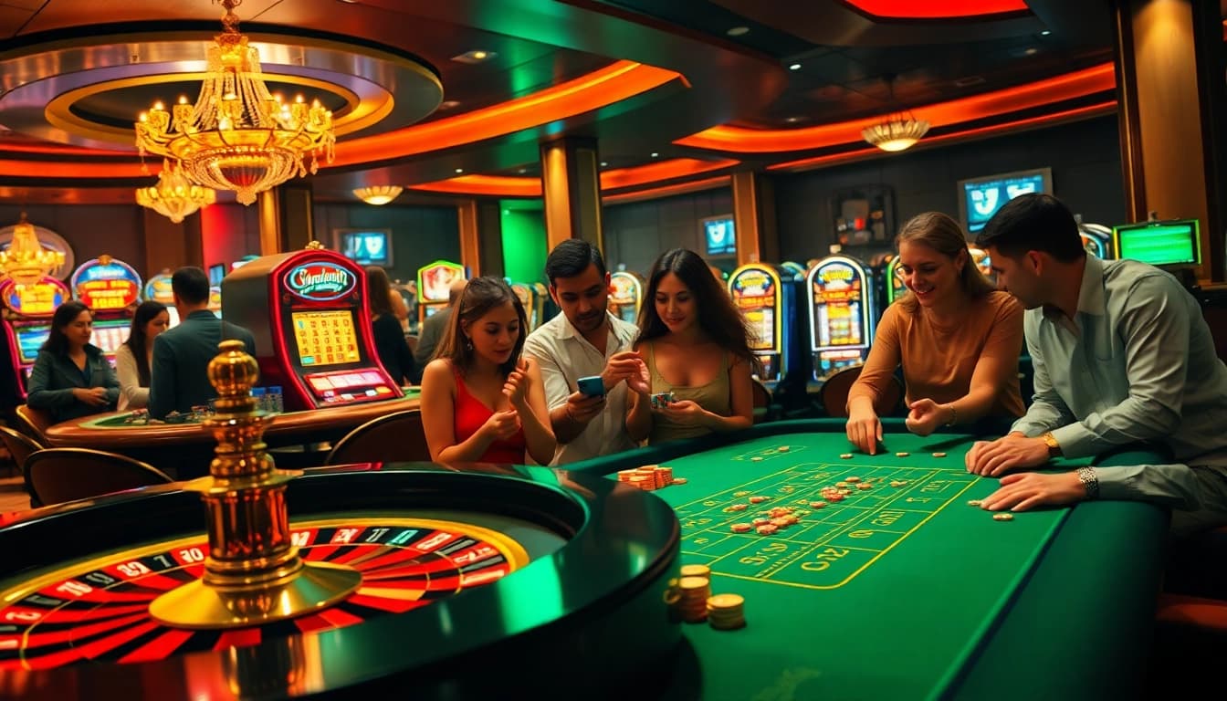 Experience the excitement of gambling at https://u31thai.app/ with a vibrant casino atmosphere featuring roulette tables and poker players.