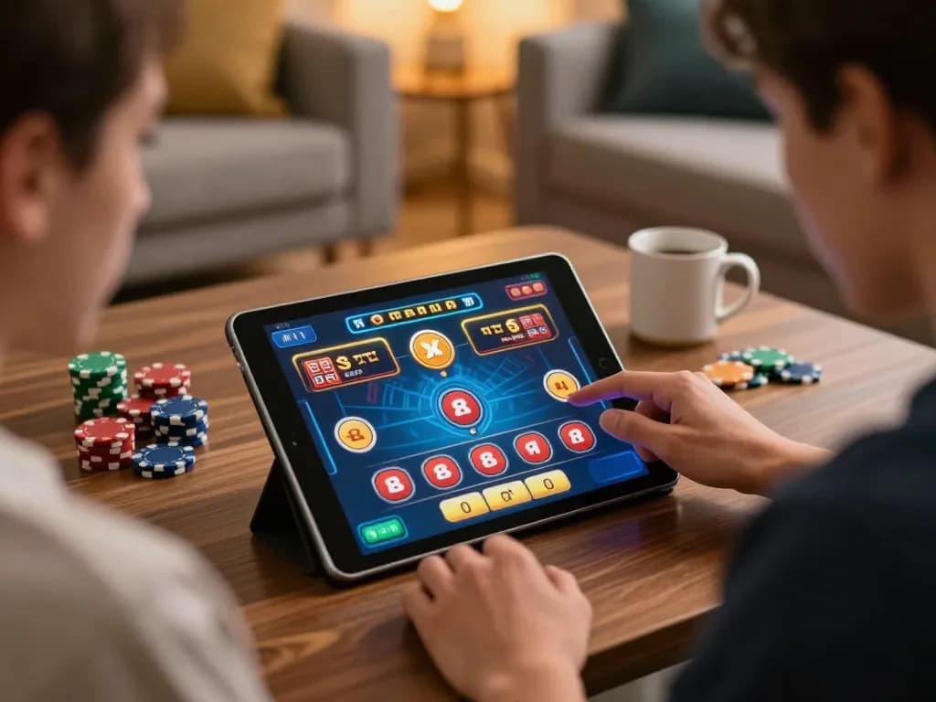 O8 players strategizing with vibrant online casino game interface in cozy home setting