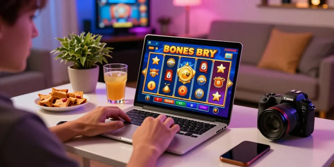 Engaging player enjoying bonus buy slots on a laptop in a cozy home setting.