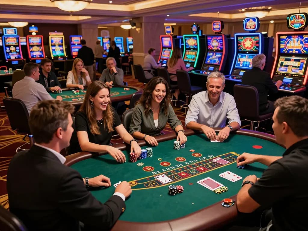 Players engaging in strategic gameplay at LODE888 casino, vibrant atmosphere with colorful slot machines.