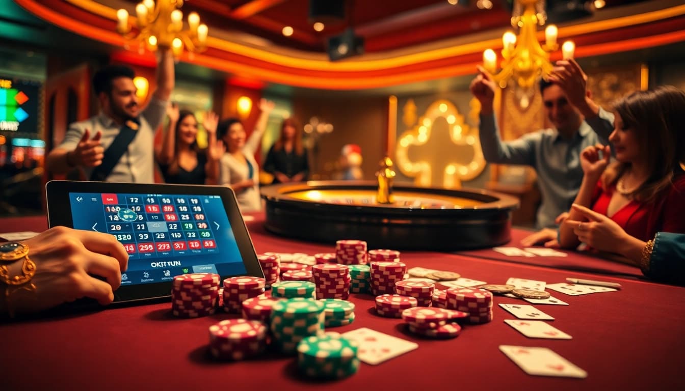 In an exciting OKFUN casino scene, players engage at a vibrant poker table surrounded by roulette wheels and colorful chips.