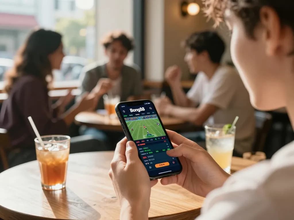 Bong88 user placing bets via mobile app, enjoying sports betting in a vibrant café setting.