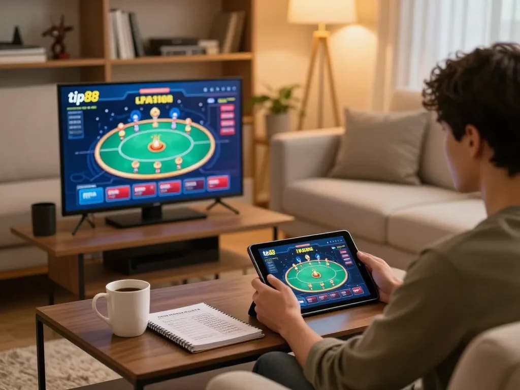 Engaged player using tip88 for online casino betting at home, showcasing a modern gaming setup