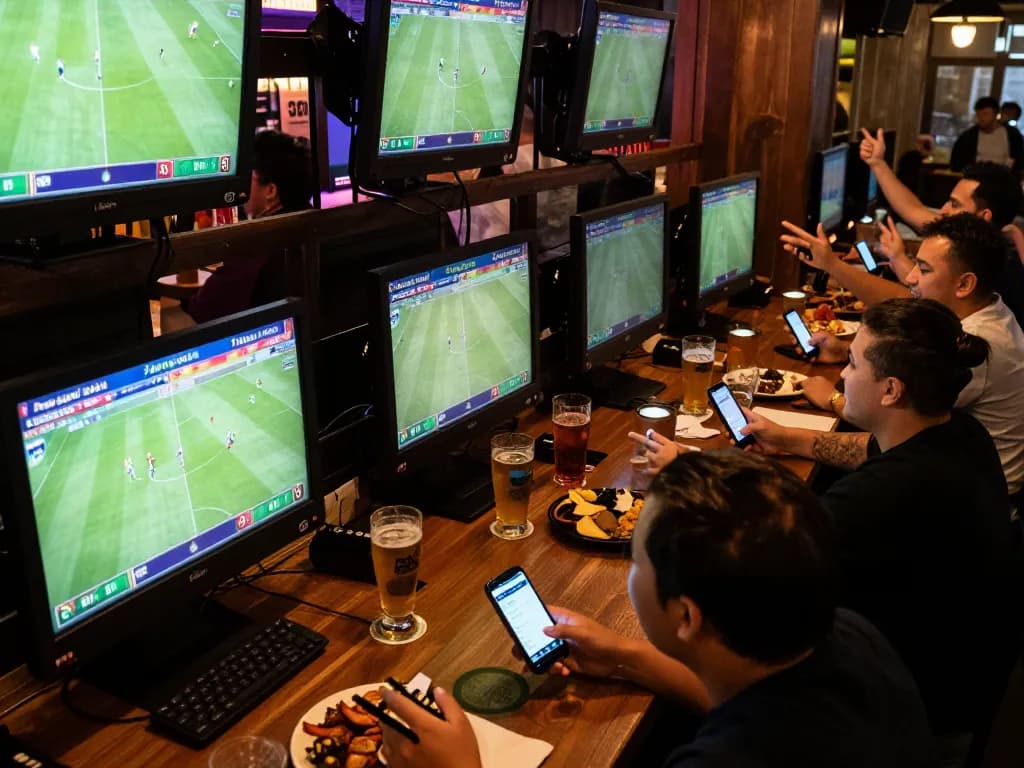 Engaging sports betting event with 7meter Judi Bola highlighted on screens and excited patrons celebrating wins.