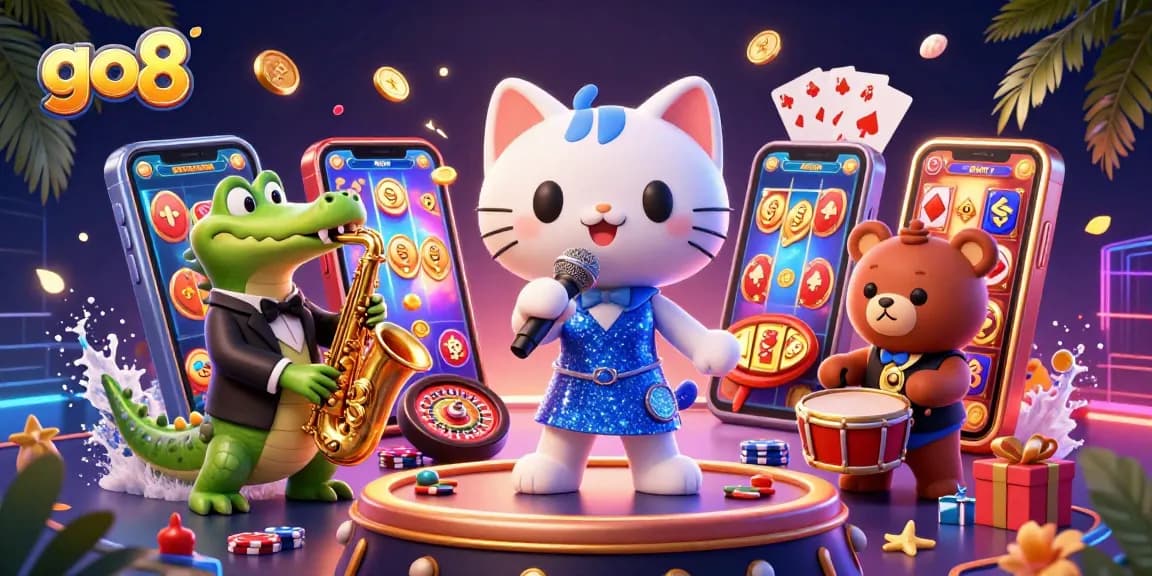 Go8 casino scene with a jazz-singer cat, crocodile, and bear, surrounded by slot games and vibrant imagery.