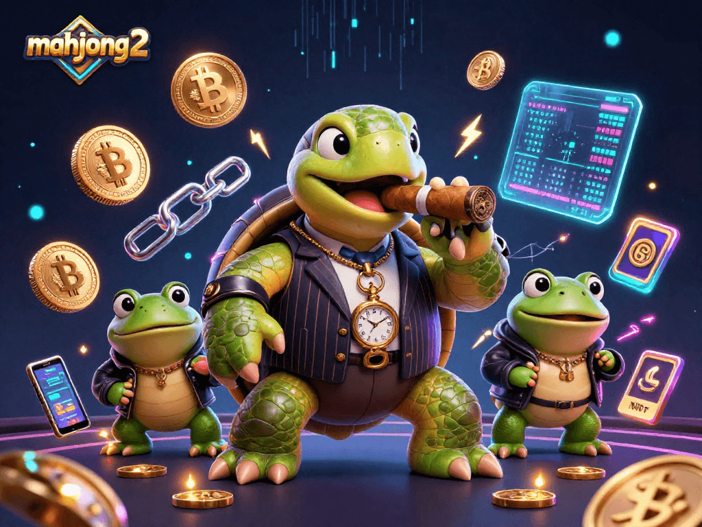 Play mahjong 2 strategy with casino characters amid glowing blockchain elements.