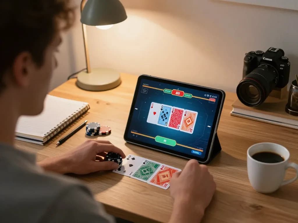 Player at home using 555win app for online poker strategy, gaming-focused atmosphere.